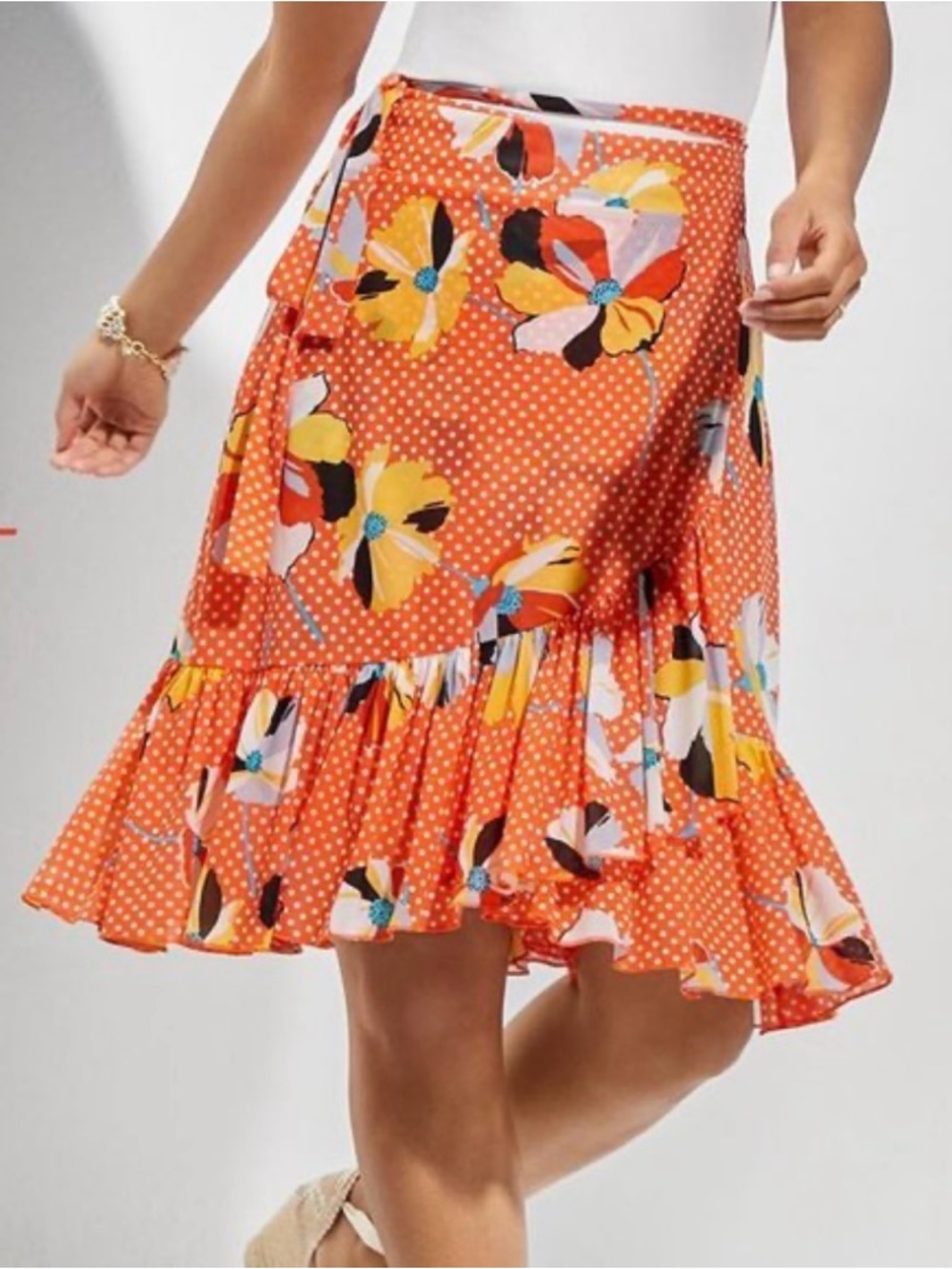 Cabi Floral Orange Ruffle Wrap Flowy Skirt Size Small